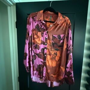 Anthropologie Floral Button-Down Shirt - Orange and Purple